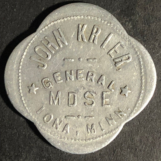 John Krier General Mdse. Iona, Minn G/F 25c Alum Scalloped Token 25.28mm Scarce
