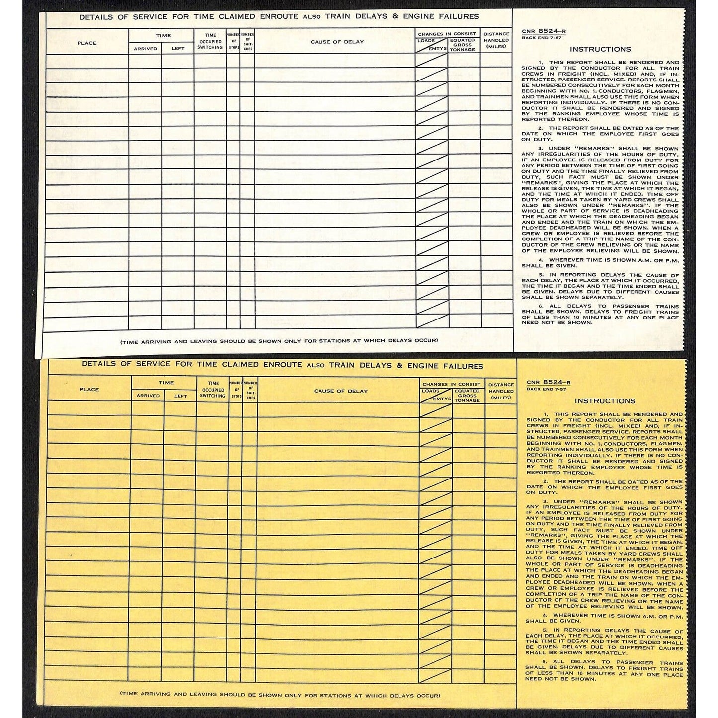 Canadian National Railway c1957 Unused Time Return & Delay Report Form + Copy