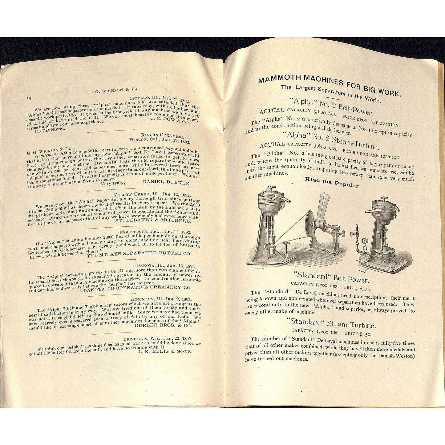 Scarce 1892 "De Laval Cream Separators Catalog" Wickson Los Angeles, CA 16pp VGC