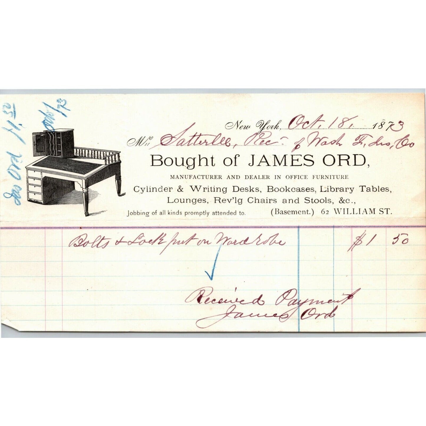 1873 James Ord Billhead Letterhead Desks Stools Bookcases William St NYC