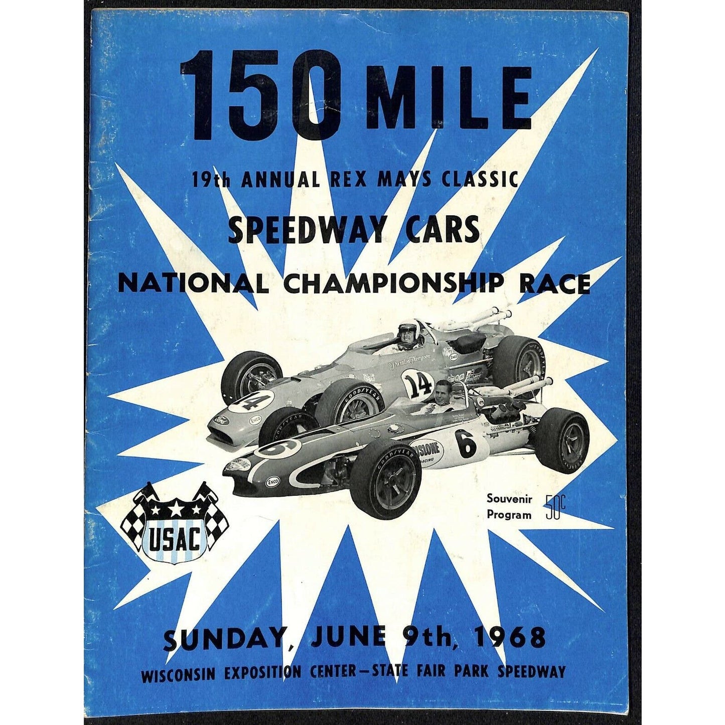 Scarce Jun 9 1968 USAC Rex Mays Classic Auto Racing Program Wisconsin Speedway