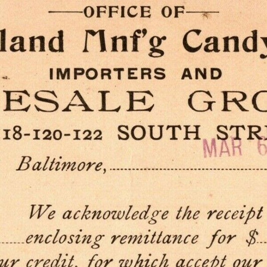 1901 Adv. Payment Conf. Postcard Maryland Mnf'g Candy Co Baltimore E. Baker*