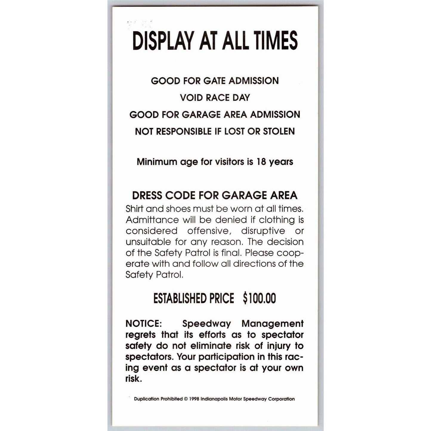 1998 Indy 500 Season Garage / Gasoline Alley Pass Indianapolis IMS VGC #0576