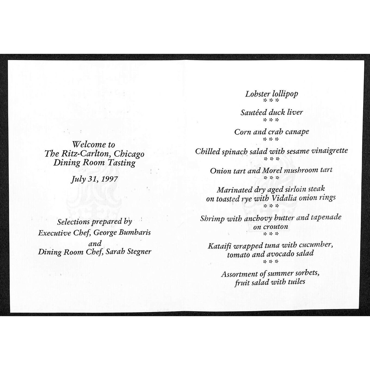 1997 Ritz-Carlton Chicago Dining Room Tasting Menu George Bumbaris Sarah Stegner