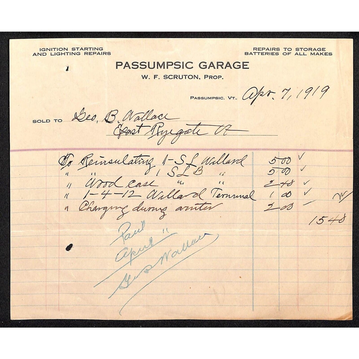Passumpsic, VT "Passumpsic Garage" Automobile 1919 Letterhead W.F. Scruton