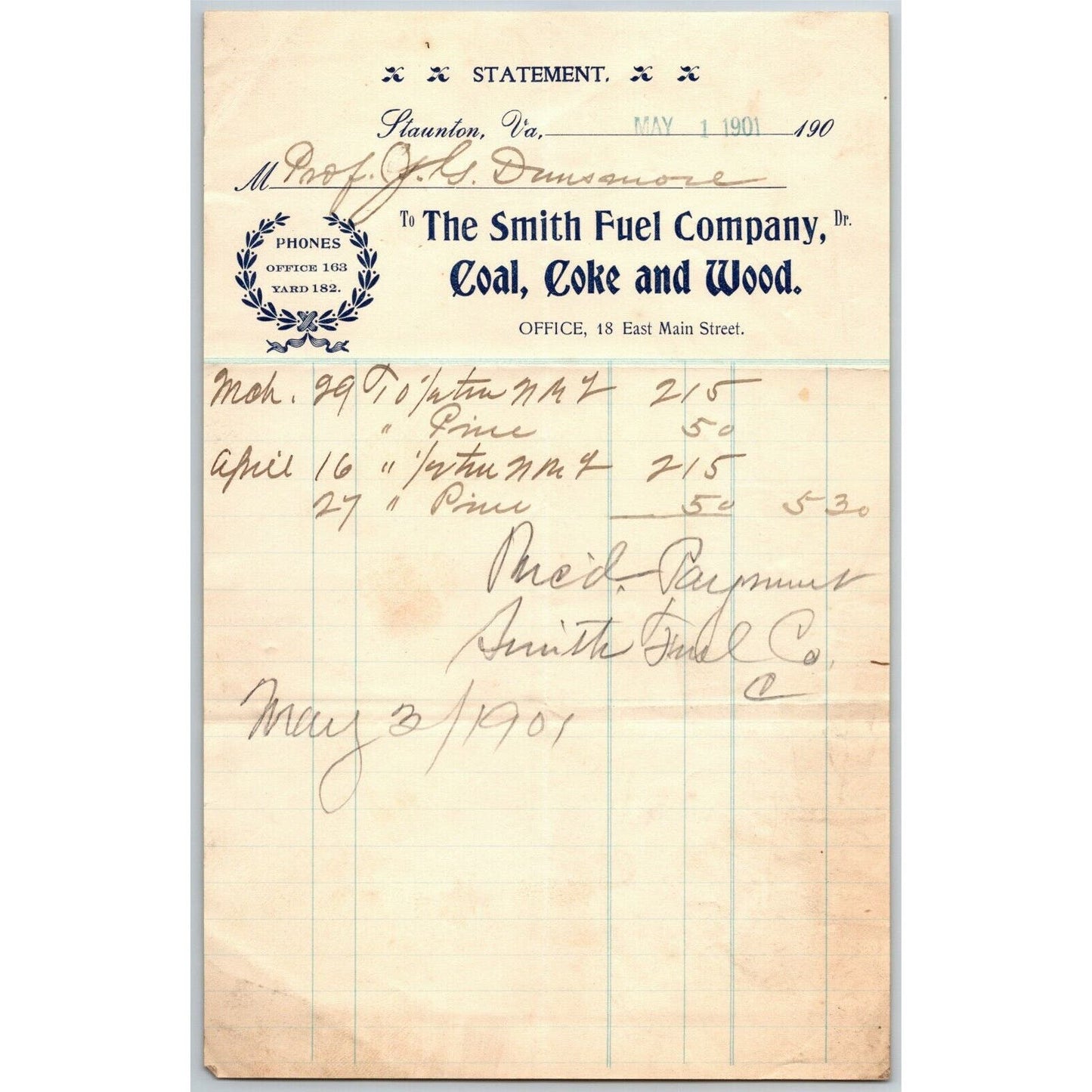 1901 Scarce Smith Fuel Co. Coal Coke Wood Billhead Letterhead Staunton, VA