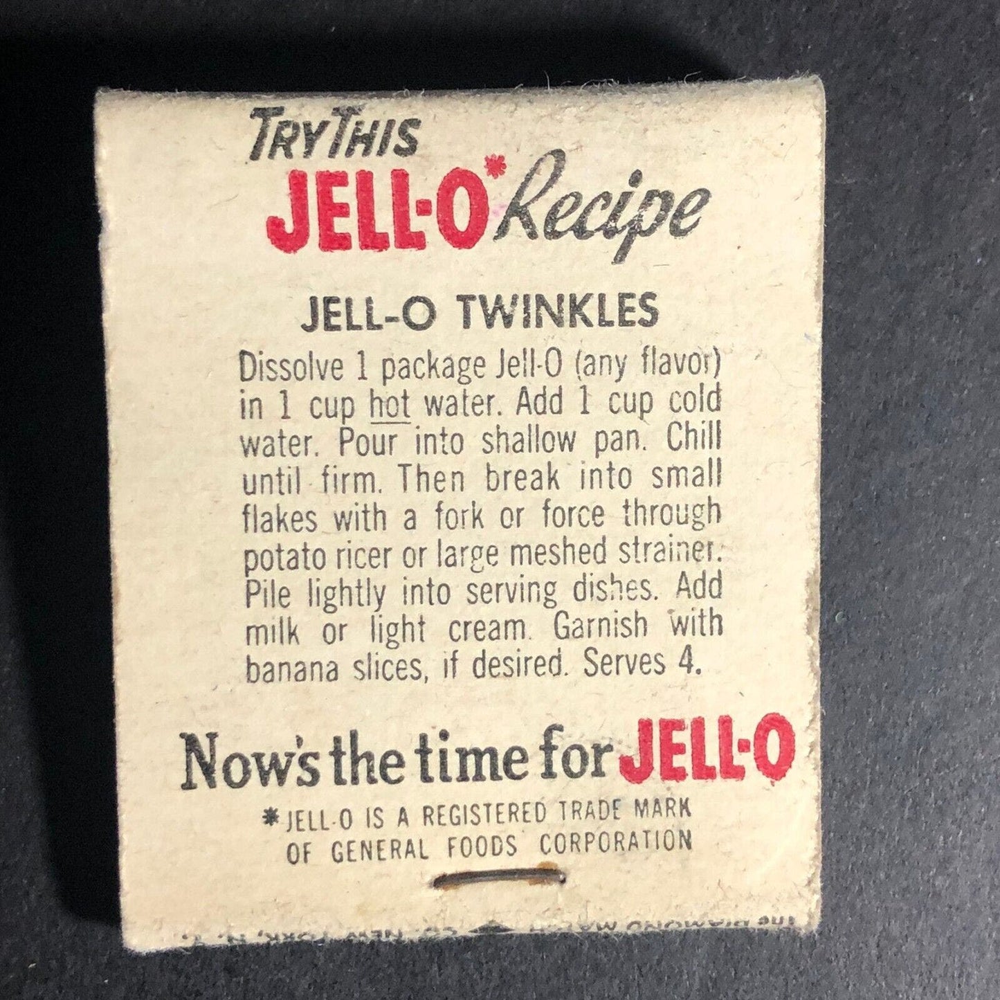 JELL-O Jello Crying Baby Twinkles Recipe Matchbook 1953 Full 20-Strike Scarce