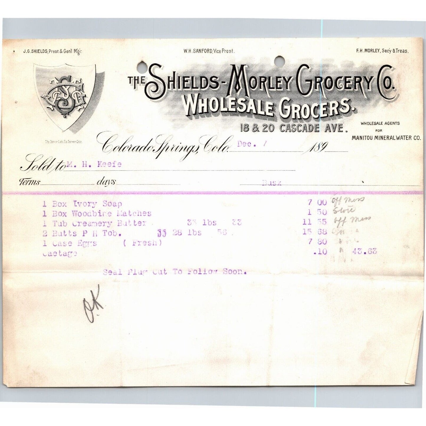 c1895 Shields-Morley Grocery Colorado Springs Letterhead M.H. Keefe Ivory Soap