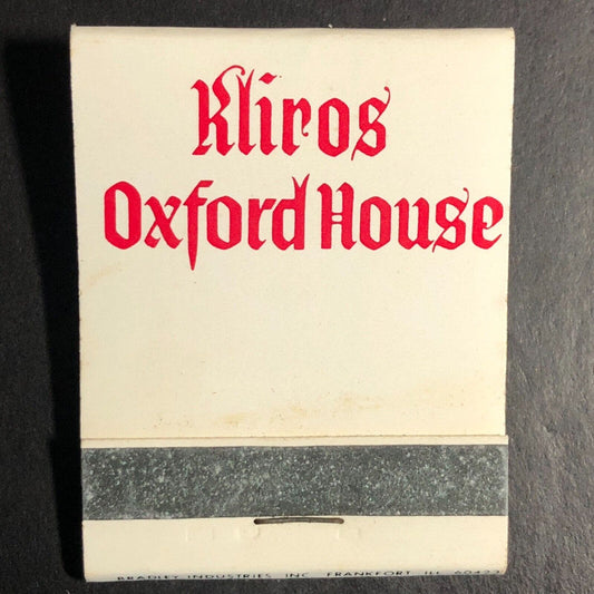 Kliros Oxford House Restaurant Palos Park, IL Full Matchbook c1968-73 Scarce
