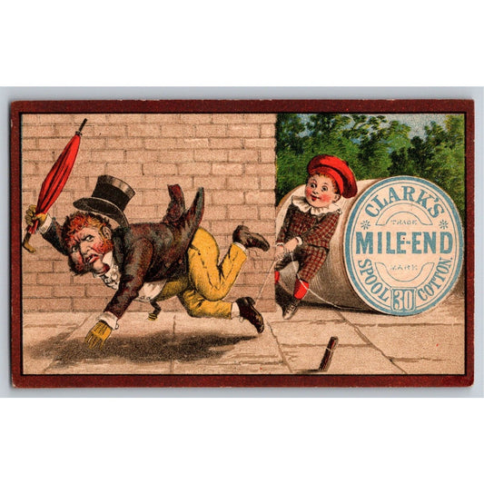 Funny Clark's Spool Cotton Victorian Trade Card Boy Trips Man on Sidewalk