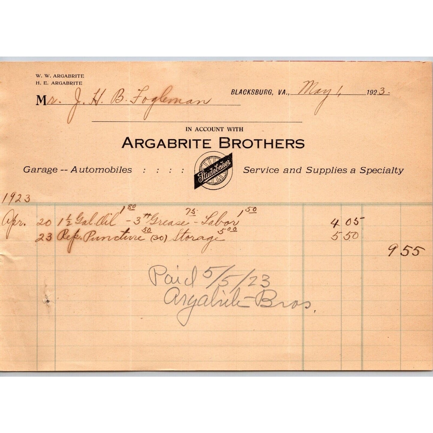 Blacksburg, VA Argabrite Brothers Studebaker Garage Automobiles 1923 Billhead