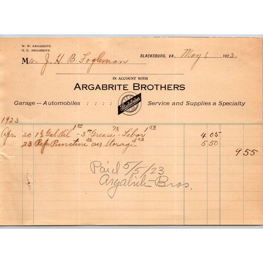 Blacksburg, VA Argabrite Brothers Studebaker Garage Automobiles 1923 Billhead