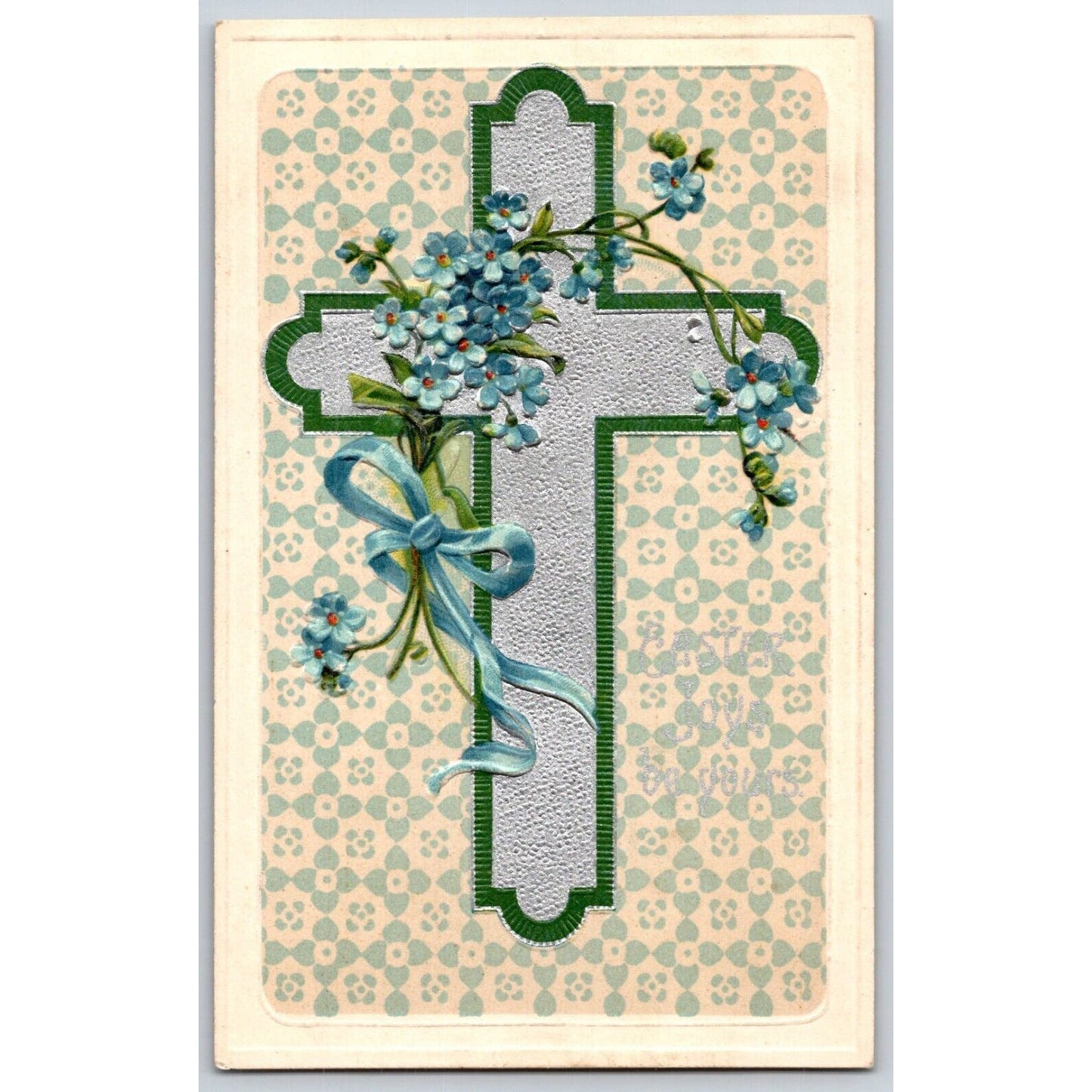Vintage Easter Postcard "Easter Joys be yours" Silver Floral Cross Embossed