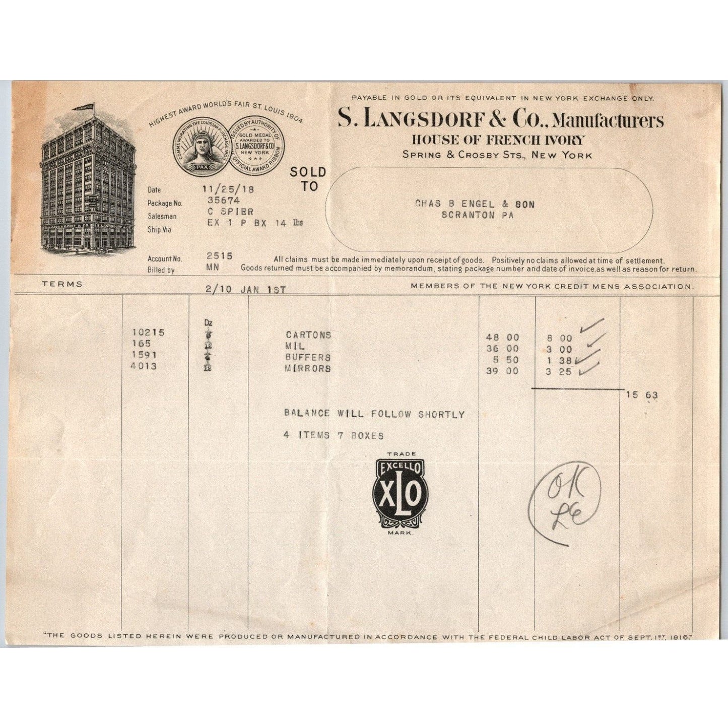 NYC Spring & Crosby Sts. S. Langsdorf & Co. "Engel" 1918 Billhead Scarce