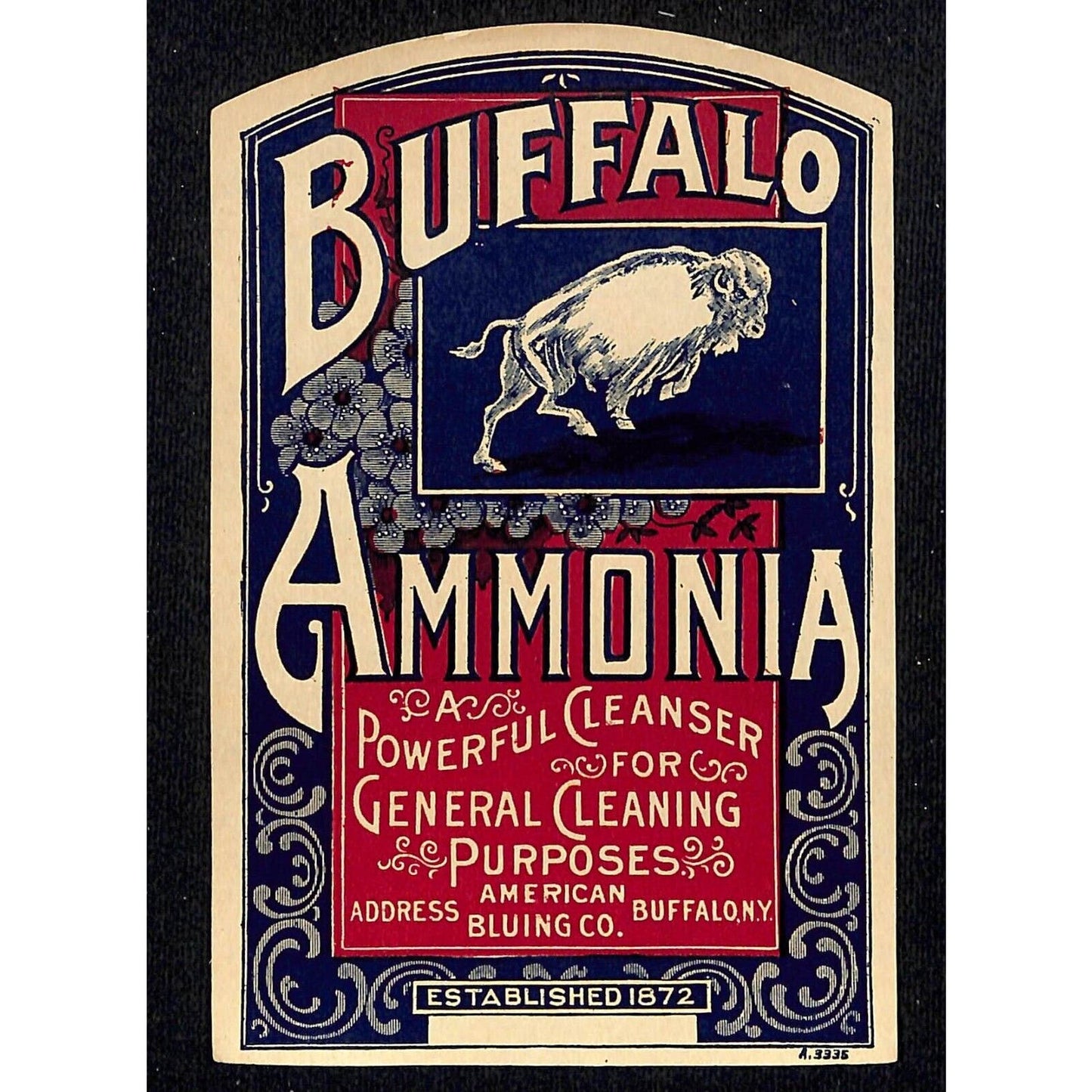 Buffalo Ammonia Die Cut Paper Label NOS VGC Cleanser Cleaner American Bluing Co.