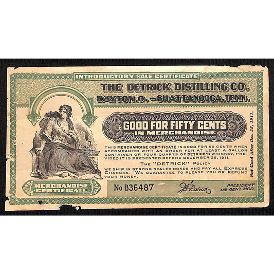 Detrick Distilling Dayton, OH - Chattanooga, TN 1911 Script / Certificate Scarce