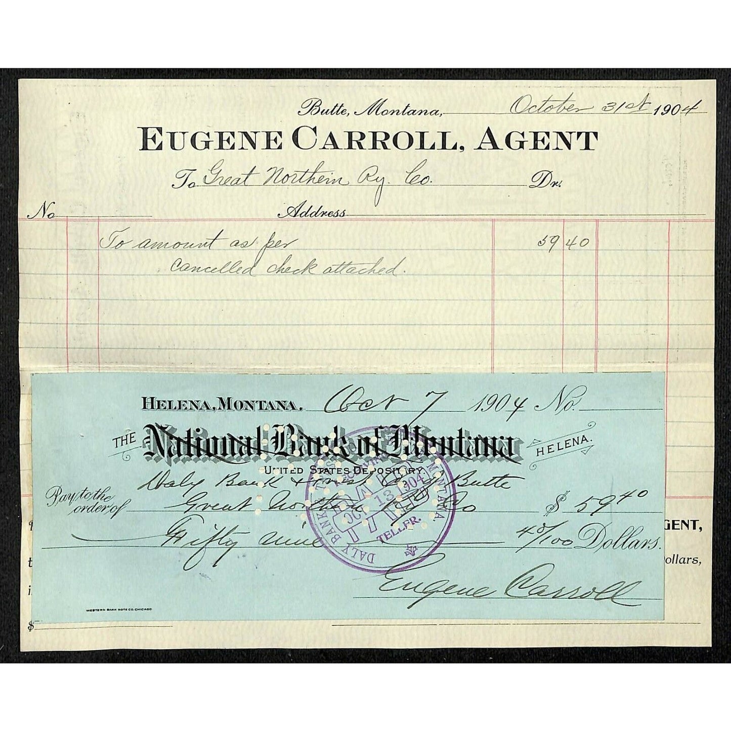 1904 Check Bank of Montana Helena Butte, MT Eugene Carroll to Great Northern RY