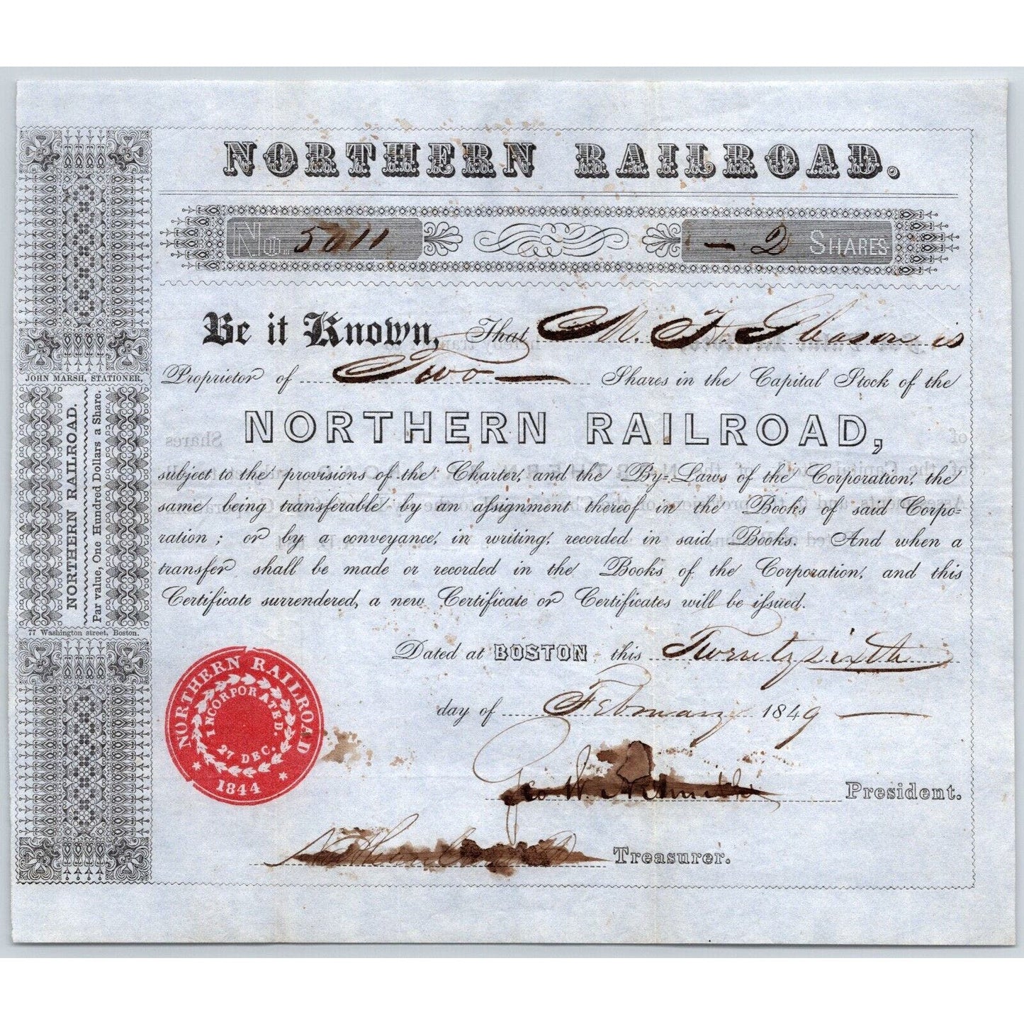 1849 Boston, MA Northern Railroad Stock Certificate No. 5011 for 2 Shares