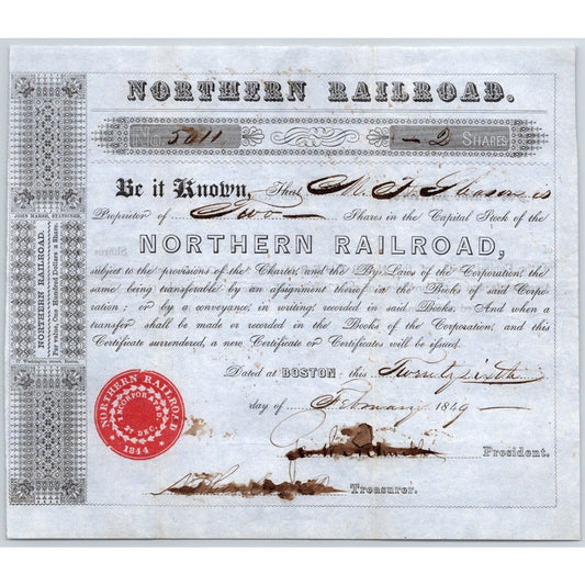 1849 Boston, MA Northern Railroad Stock Certificate No. 5011 for 2 Shares