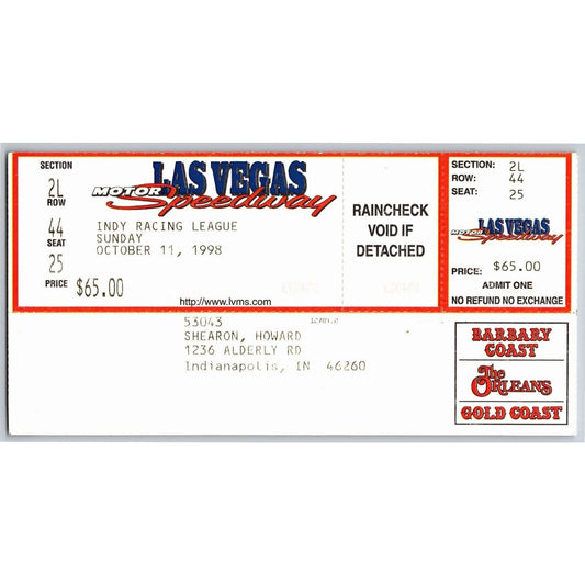 1998 Las Vegas Motor Speedway 500K IRL Indy Racing League Unused Ticket Seat 25