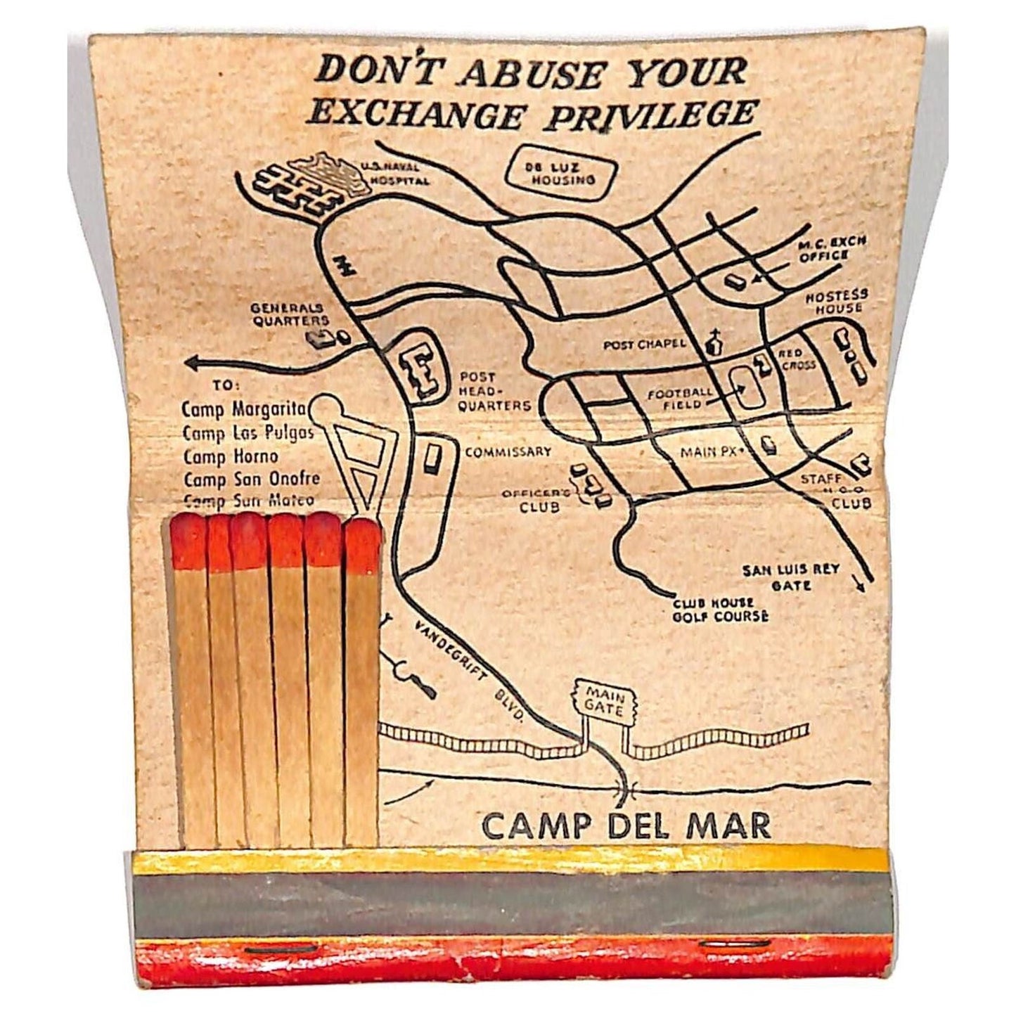 Camp Pendleton, Calif U.S. Marine Corps Mostly Emp Matchbook Cover c1940's-50's