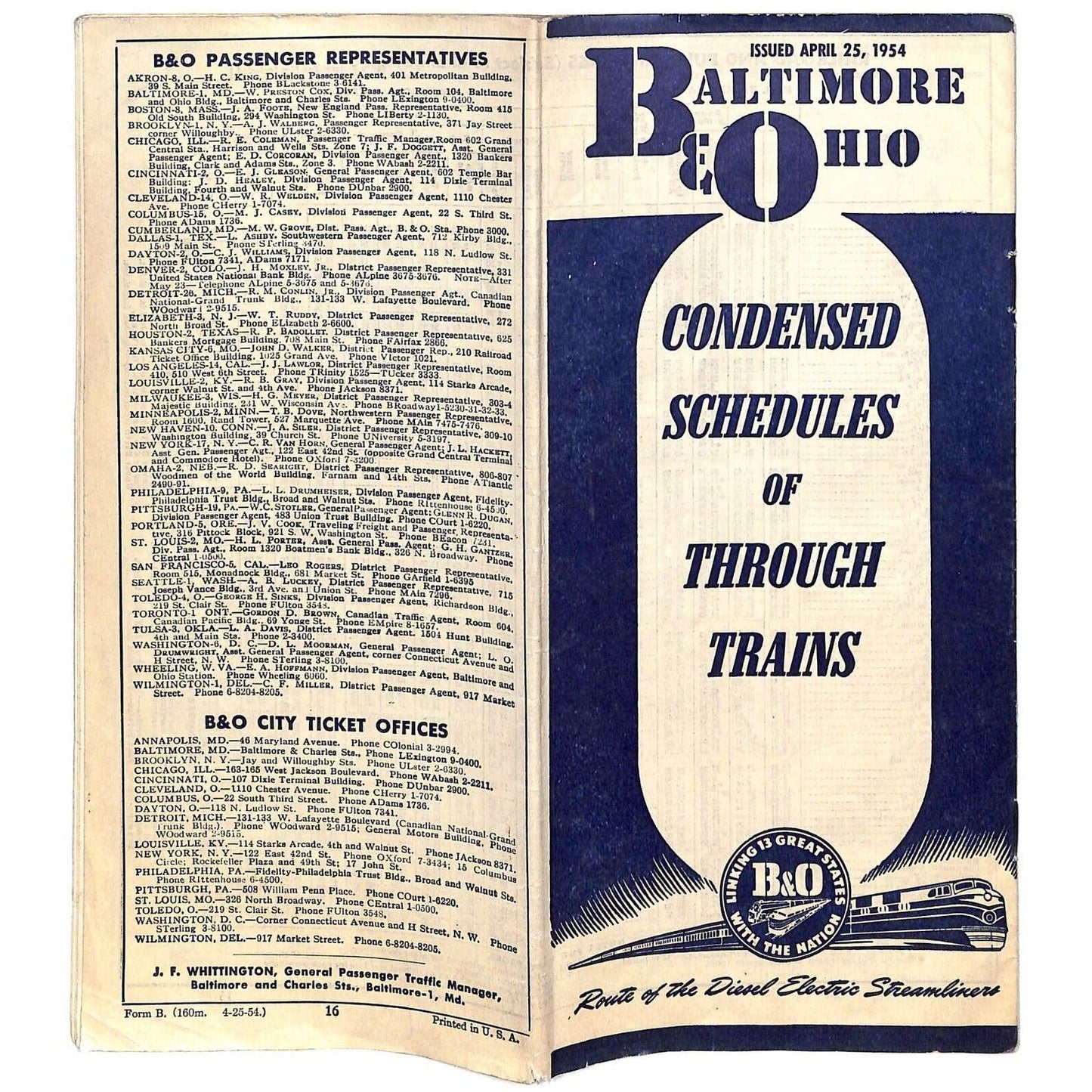 Baltimore & Ohio Railroad April 1954 Condensed Schedules of Through Trains 16pp
