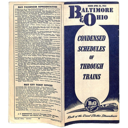 Baltimore & Ohio Railroad April 1954 Condensed Schedules of Through Trains 16pp