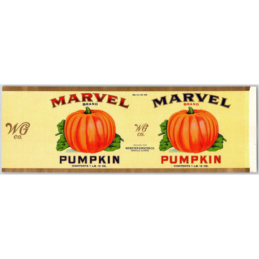Marvel Pumpkin Paper Can Label Webster Grocer Danville Illinois c1920's-30's