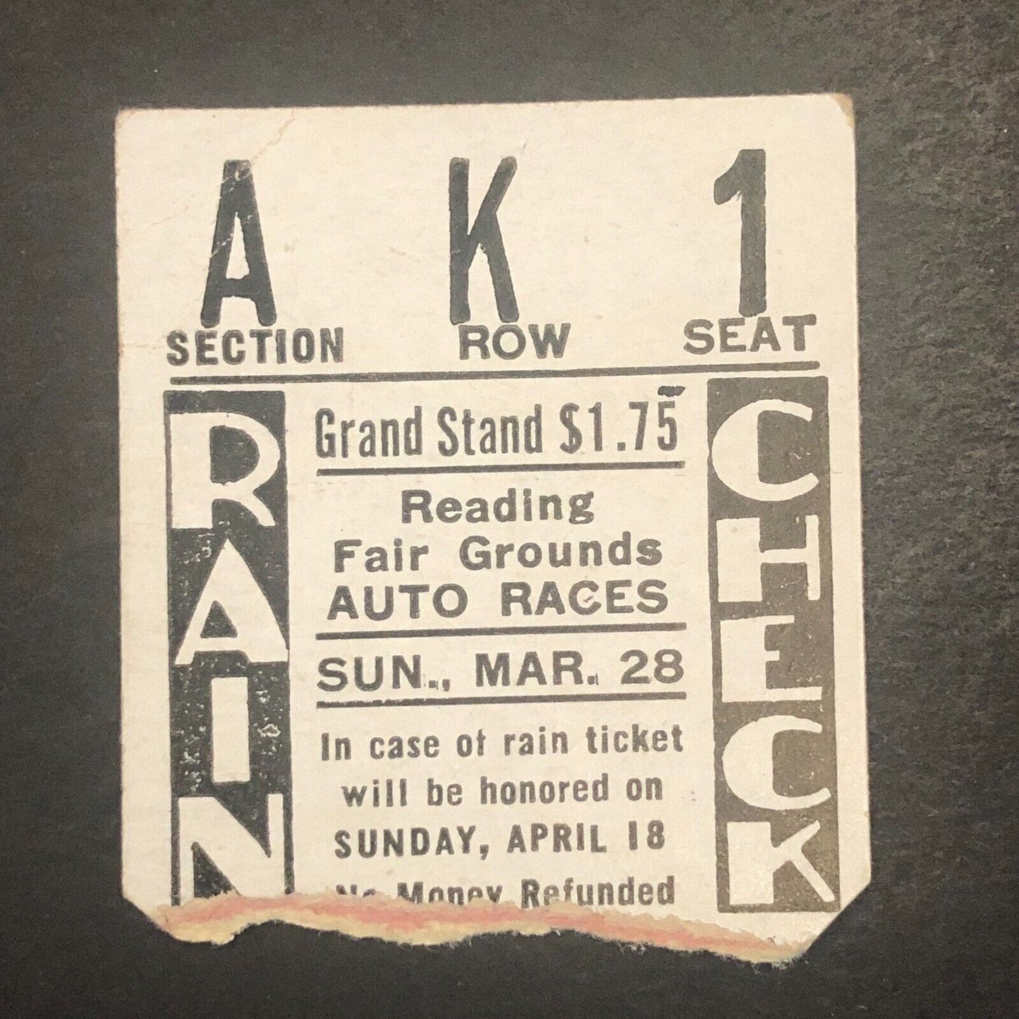 Reading Fair Speedway 3/28 1954 Auto Racing Rain Check Ticket Stub John Thomson