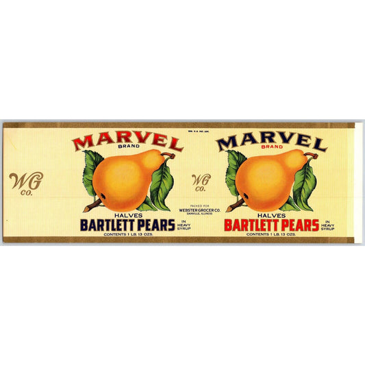 Marvel Bartlett Pears Paper Can Label Webster Grocer Danville, IL c1930's