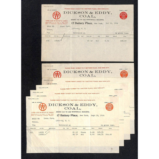 Dickson & Eddy Scranton Coal - 17 Battery Place, NYC / (5) 1904 Billheads VGC