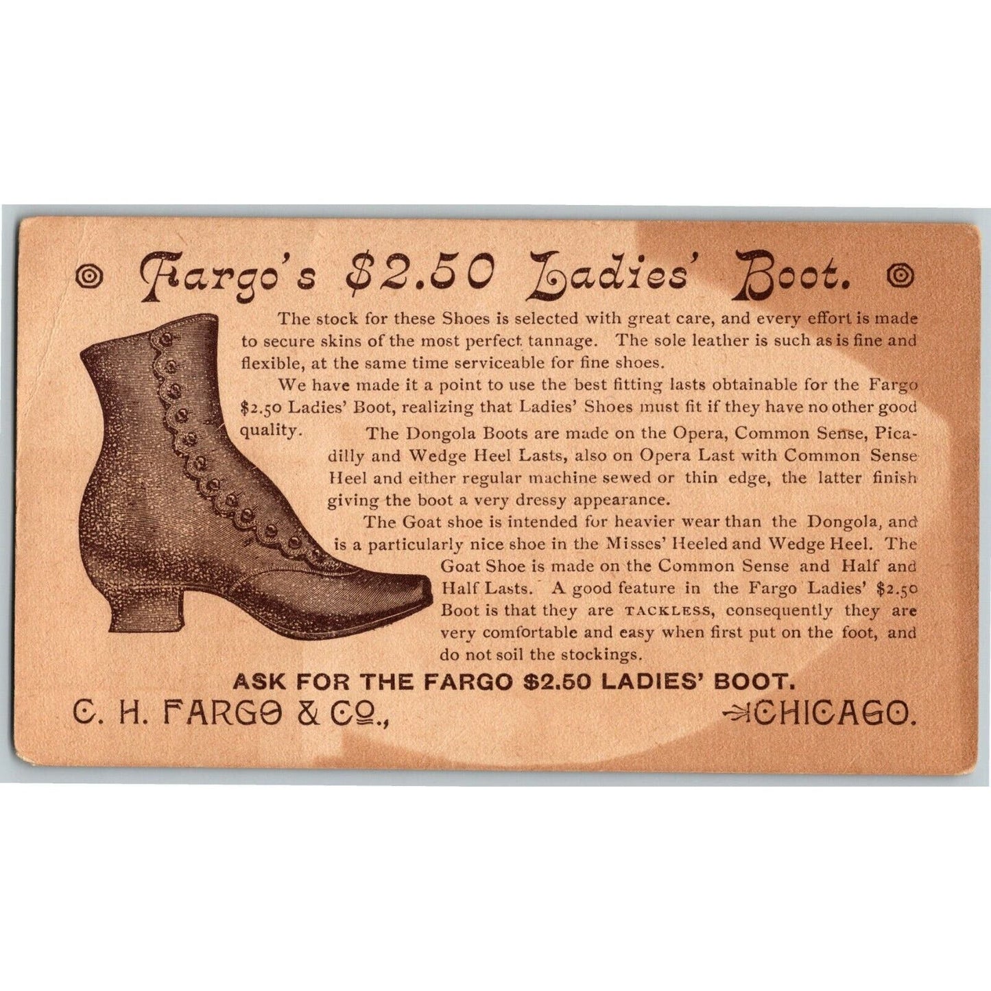 Large Scarce 1893 Chicago World's Fair Trade Card C. H. Fargo & Co. Ladies' Boot