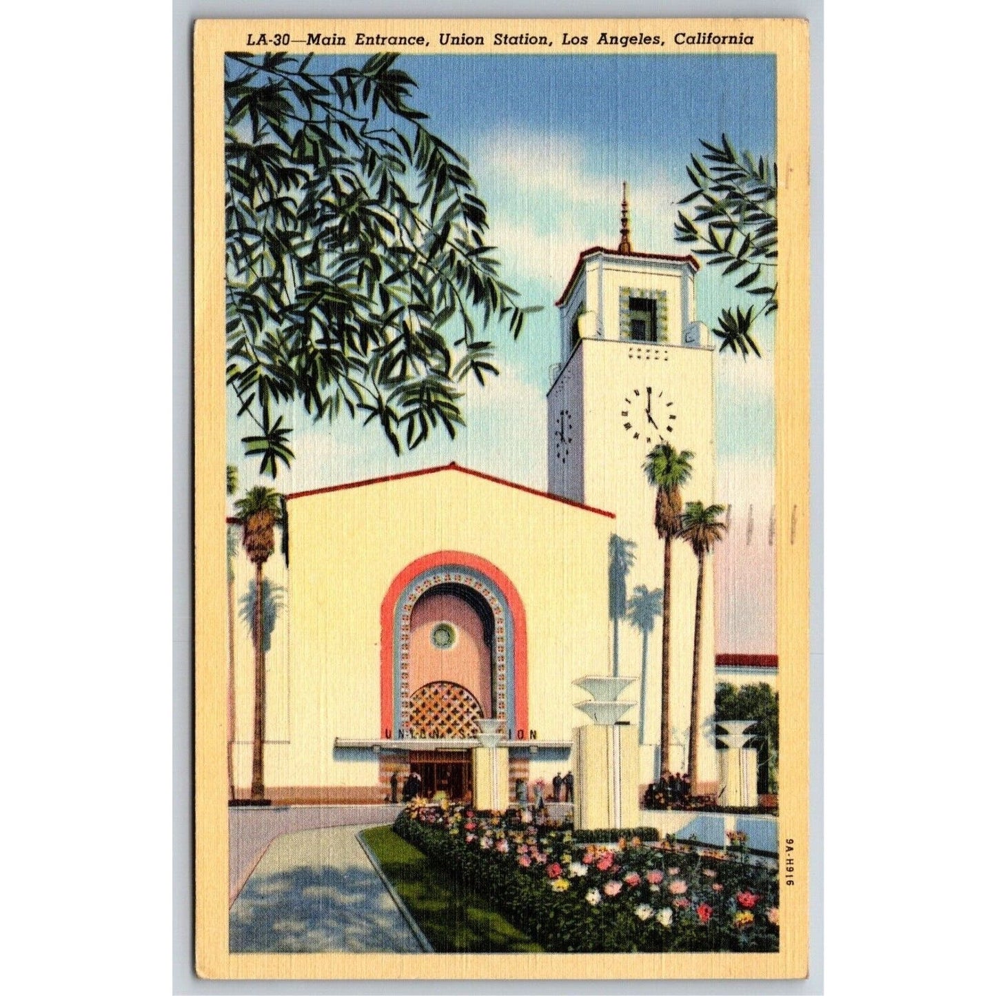 Main Entrance, Union Station Los Angeles Linen Postcard 1945 PM VGC