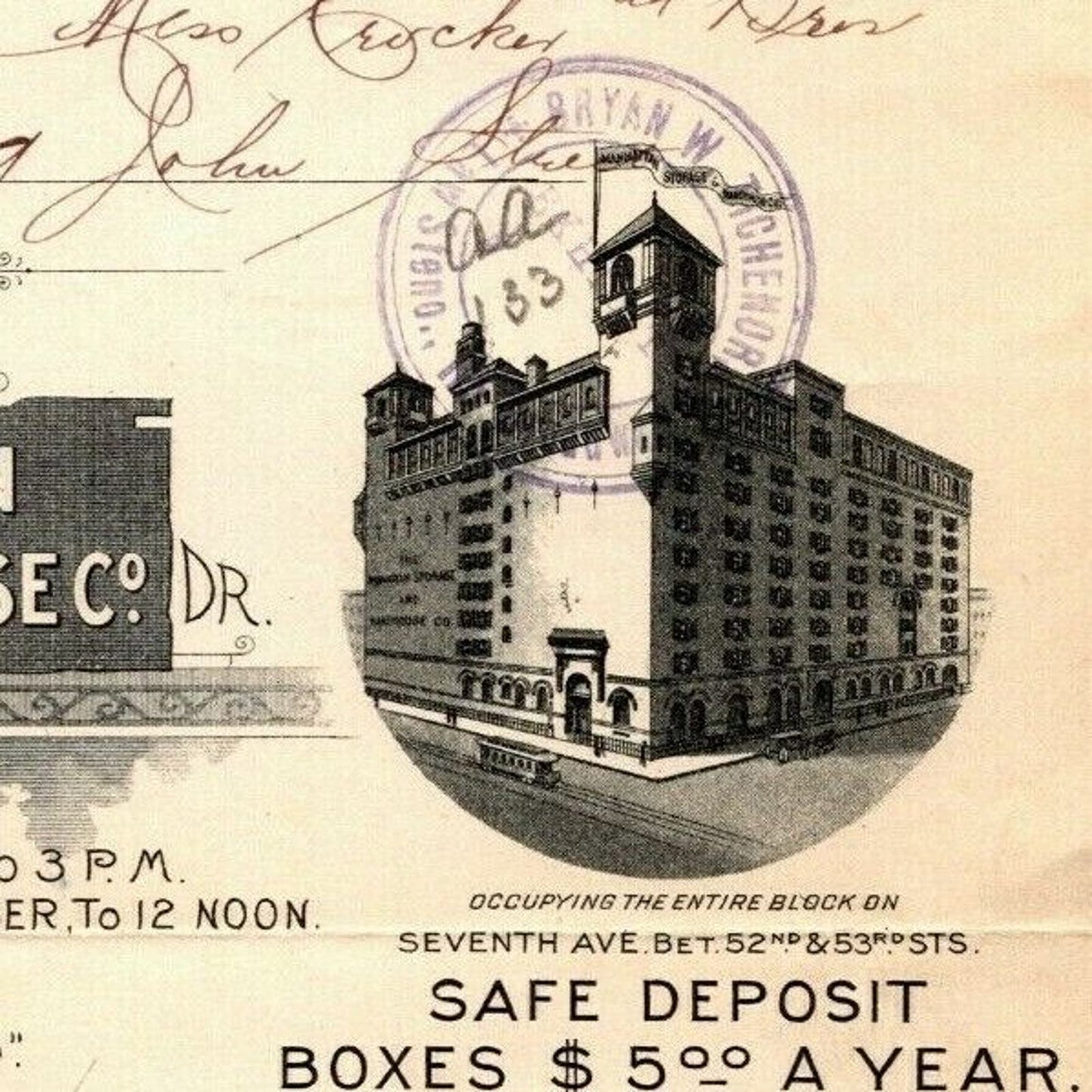 1902 Manhattan Storage Warehouse Co Crocker Bros Letterhead 52nd St 7th Ave NYC