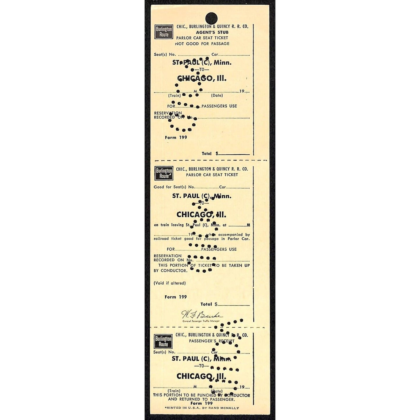 Burlington Route St. Paul to Chicago Unused VOID SAMPLE UNNUMBERED Ticket - 1965