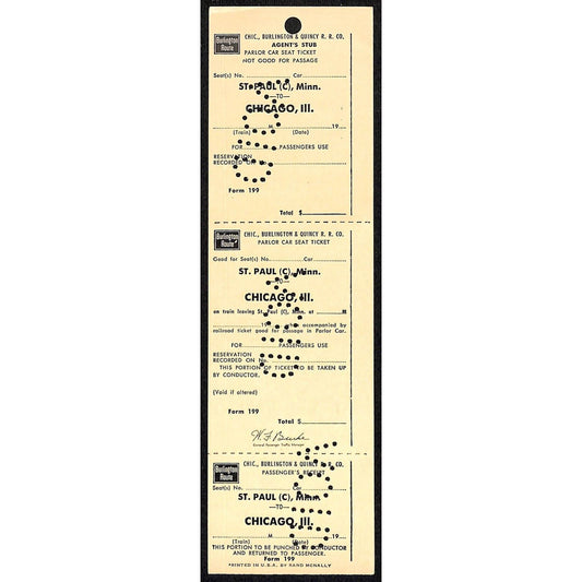 Burlington Route St. Paul to Chicago Unused VOID SAMPLE UNNUMBERED Ticket - 1965
