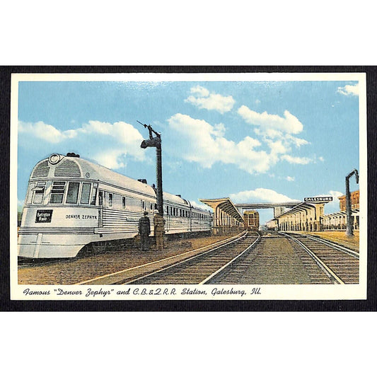 Famous "Denver Zephyr" and C.B. & Q.R.R. Station, Galesburg, ILL Postcard