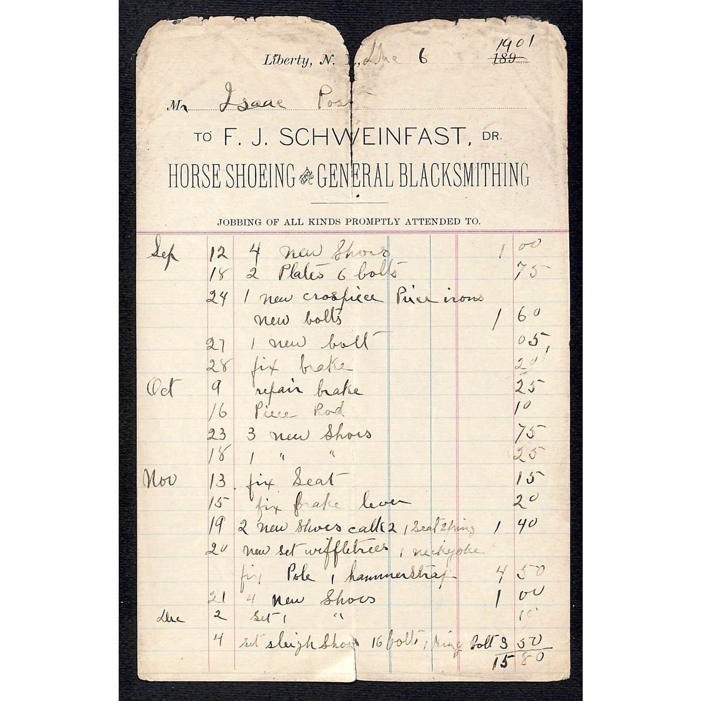 Liberty, NY F.J. Schweinfast Horse Shoeing & Blacksmithing 1901 Billhead