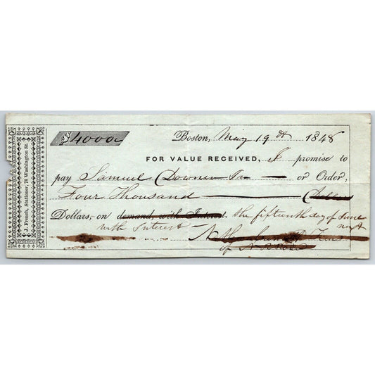 Boston, MA c1848 Promissory Note Samuel Lowner ?