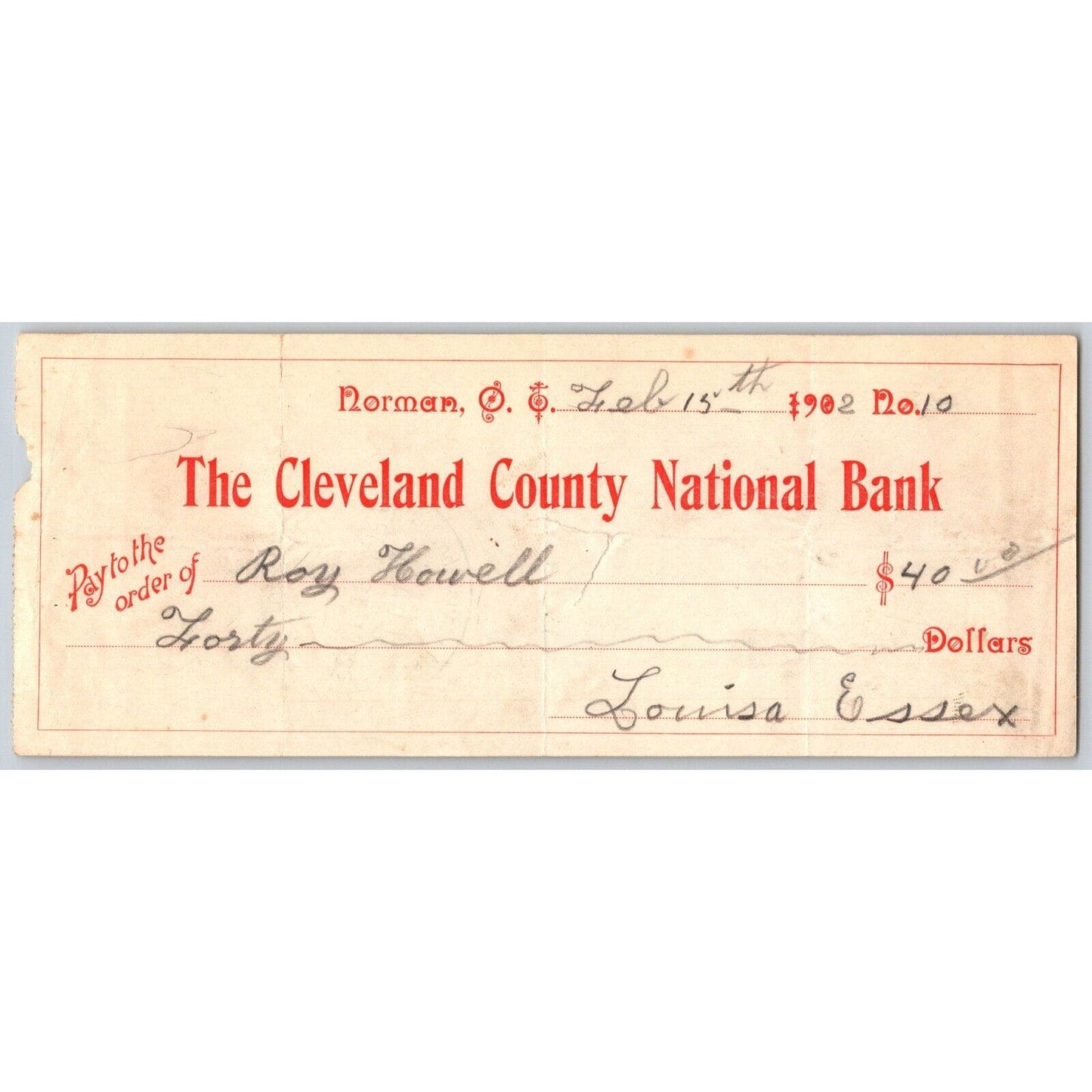 Norman, Oklahoma Territory 1902 $40 Cleveland County National Bank Check Scarce