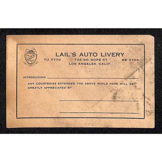 Lail's Auto Livery Hope St. LA Introduction Business Trade Card c1928 Scarce