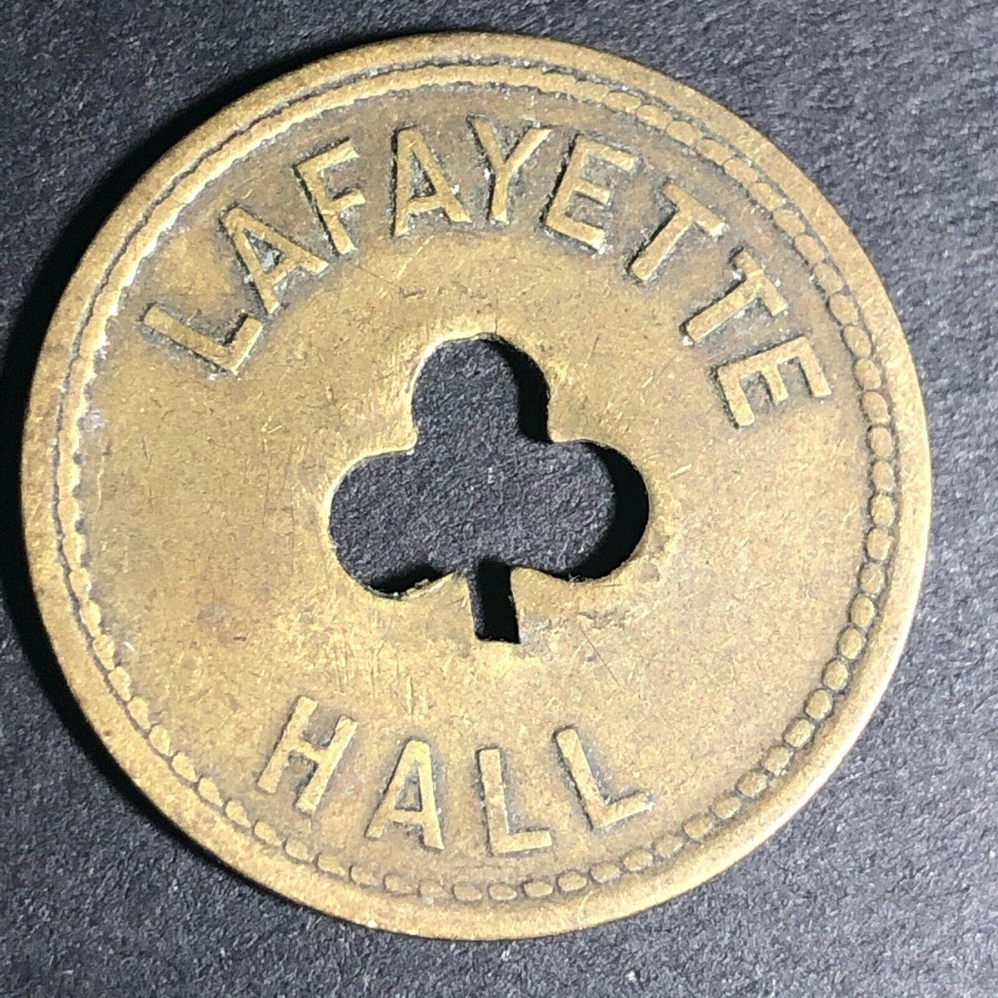 24.5mm Brass Lafayette Hall (Saloon Sacramento, CA) Token Clover Shamrock (#9)