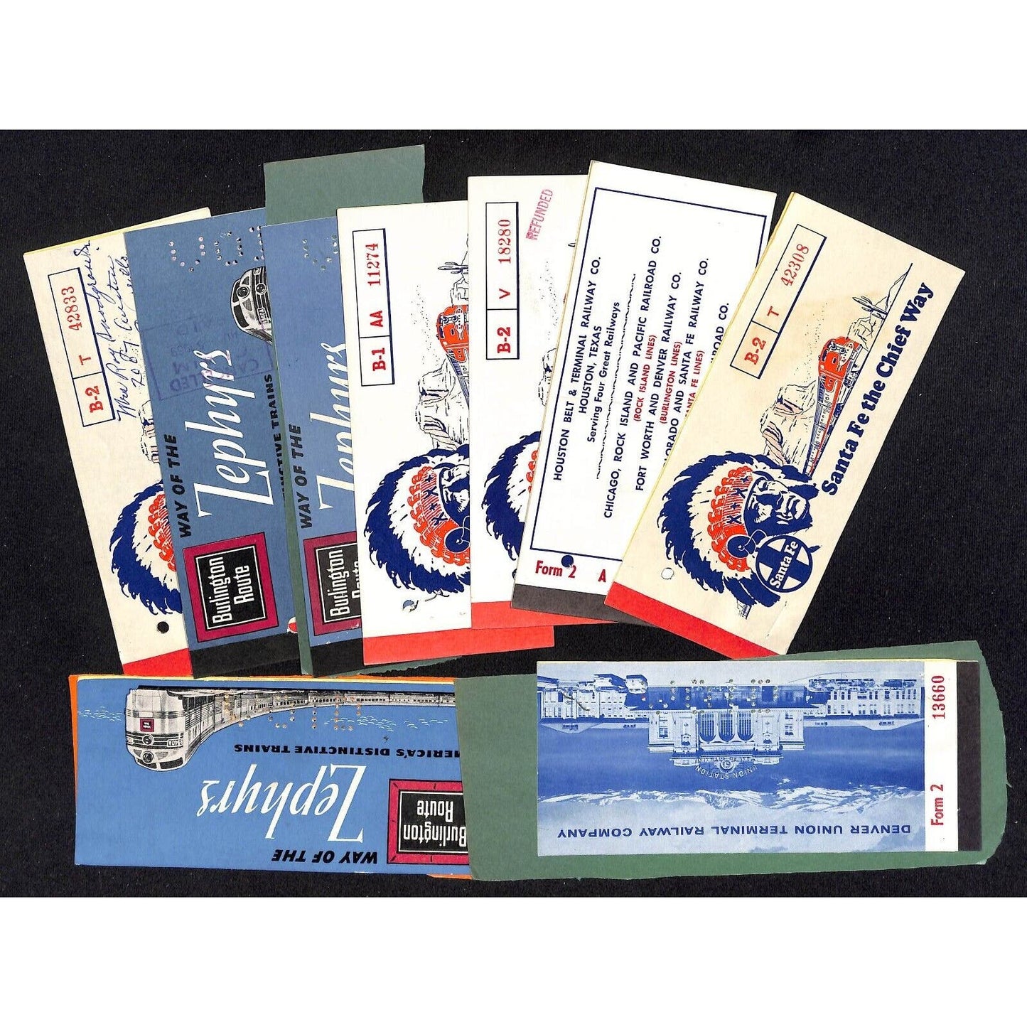 Group of 9 c1960 Burlington Route Zephyr Santa Fe Chief Ticket Folios Covers