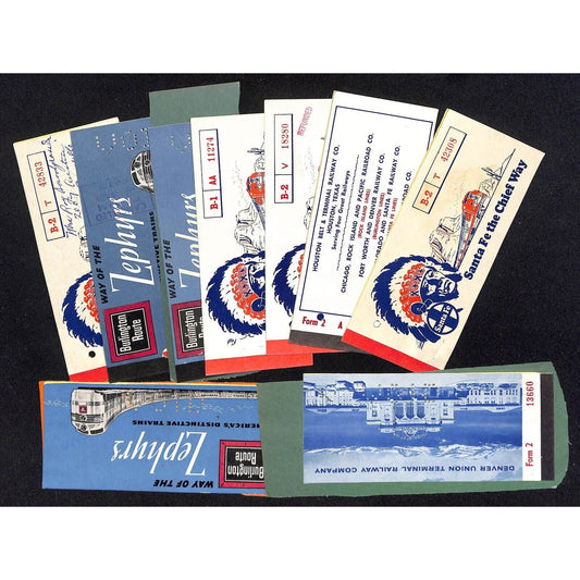 Group of 9 c1960 Burlington Route Zephyr Santa Fe Chief Ticket Folios Covers