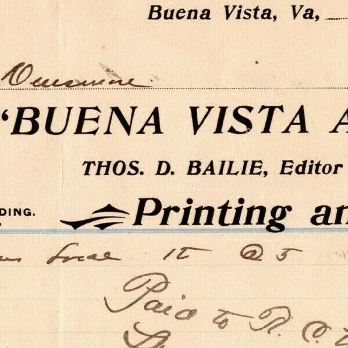 1901 Scarce Buena Vista Advocate Printing Bailie Editor Billhead Letterhead VA