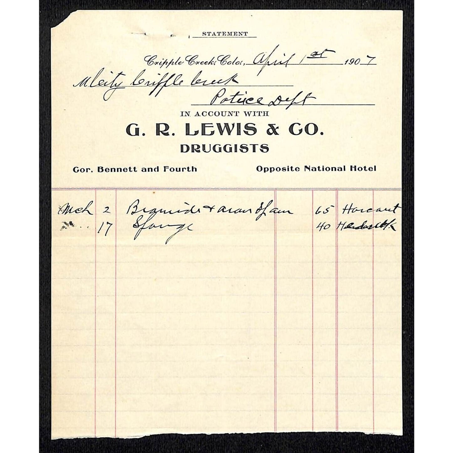 Cripple Creek, CO G.R. Lewis & Co. Druggists 1907 Statement Billhead