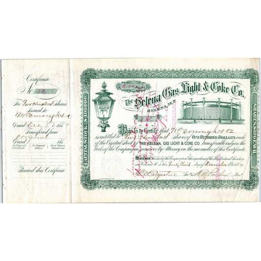 Helena Gas Light & Coke Co. Montana 1884 Stock Certificate 200 Shares Cert #52