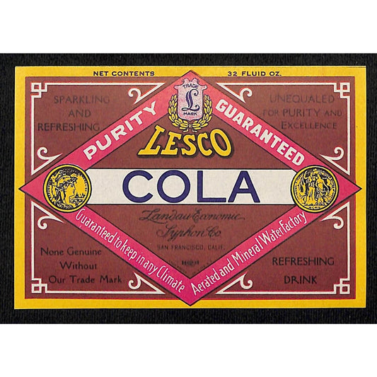 Lesco Beverages Cola Soda Water Paper Label Landau - c1930's-40's
