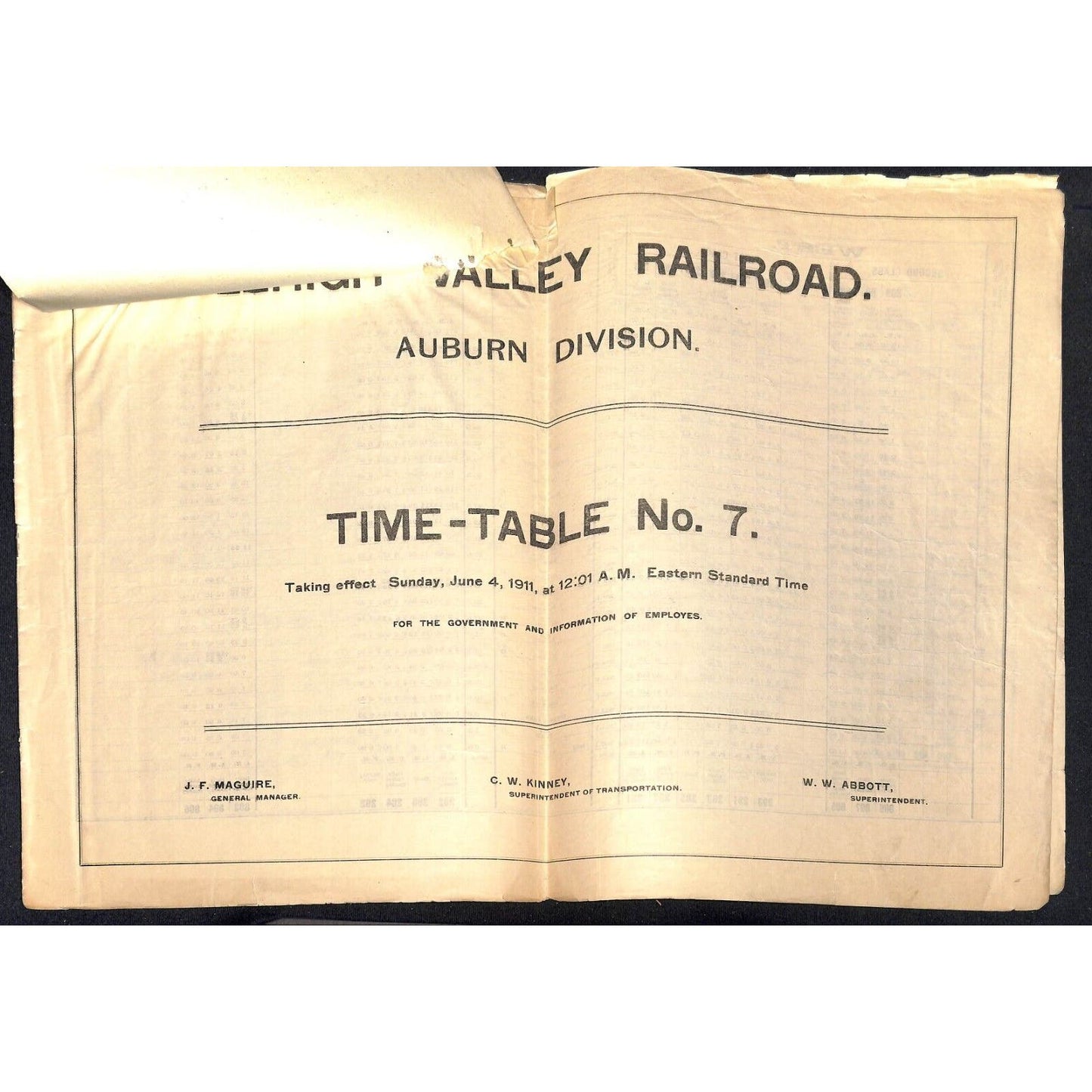 1911 Lehigh Valley Railroad Auburn Div. GOV'T / Employe Time Table 8pp Scarce