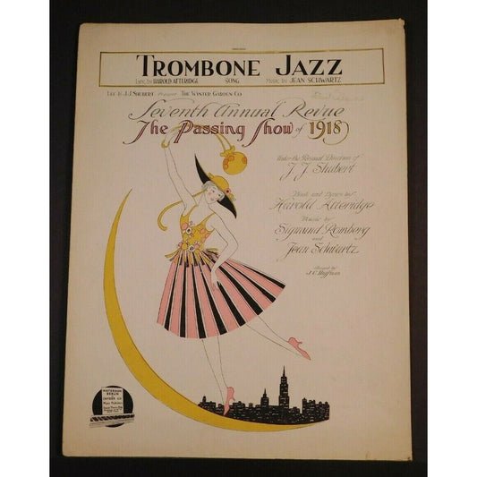 WWI Sheet Music- "Trombone Jazz" 1918 - Woman Dances Inside Sliver Moon NYC